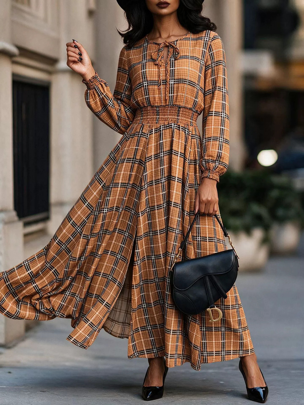 ZARA Plaid Long Sleeve Cinched Waist Slit Maxi Dress Elegant Casual Beach